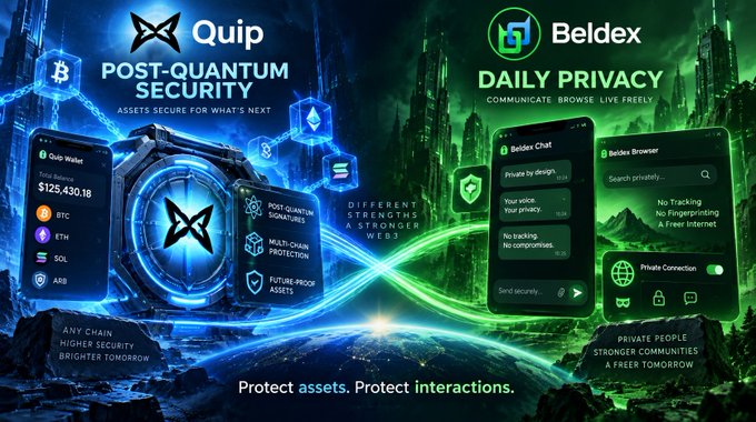 An advertisement graphic features two products: Quip Wallet promoting 'POST-QUANTUM SECURITY' on the left and Beldex promoting 'DAILY PRIVACY' on the right.