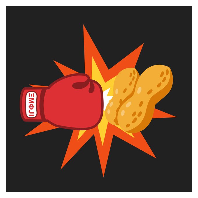 A red boxing glove branded with "MOJI" punches a peanut emoji, creating an orange and yellow impact burst on a black background—visually depicting the playful "Tag, You're It" auction concept from networked.com, where emojis serve as collectible, tradeable digital assets.