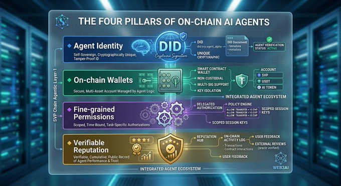 An infographic titled 'THE FOUR PILLARS OF ON-CHAIN AI AGENTS' detailing Agent Identity, On-chain Wallets, Fine-grained Permissions, and Verifiable Reputation, branded with 'WEB3AI'.