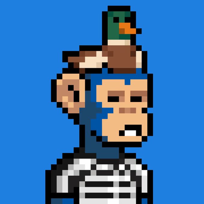 Pixel art illustration of a blue-shirted character with a deadpan expression, sporting a mallard duck on their head and clutching a skeletal ribcage, set against a solid blue background.