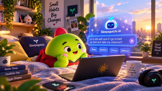 A 3D animated green mascot character named 'Sleepagotchi' lies on a bed using a laptop to interact with a 'Sleepagotchi AI' chat interface asking, 'Is it still self care if I go to bed at 3am but take my vitamins?!' with category buttons for Sleep, Nutrition, Fitness, and Wellness.