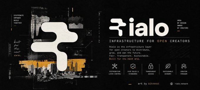 A dark promotional banner for 'rialo' describing it as 'INFRASTRUCTURE FOR OPEN CREATORS' with features like Distribution Layer Control, Fair Rules & Standards, Transparent Access, Sustainable Economy, and Creator Freedom.