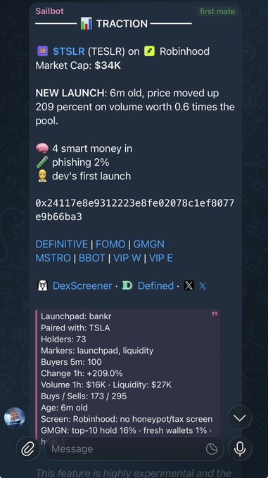 A screenshot of a Telegram message from "Sailbot" in a "first mate" chat describes $TSLR (TESLR) on Robinhood as a 6m old new launch with a $34K market cap that moved up 209% on volume worth 0.6 times the pool. The post highlights that despite the bot's radar successfully detecting the launch, it shares significant "larp shit" that needs filtering.