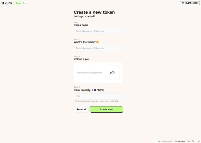 A web interface for 'kuru' showing a 'Create a new token' form with steps for name, ticker, image upload, and initial liquidity in MON.