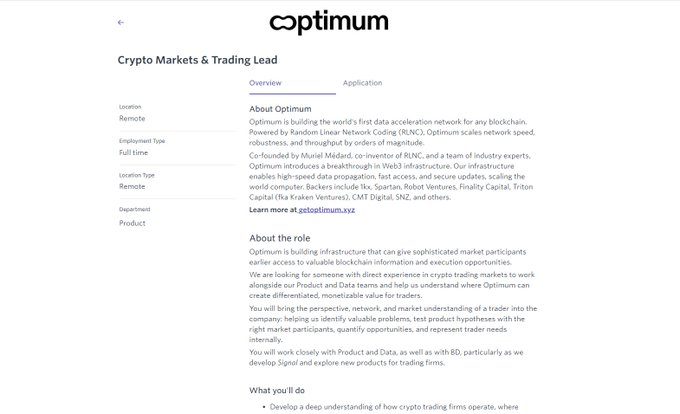 A job posting on Optimium's website for a 'Crypto Markets & Trading Lead' role, a Remote, Full-time Product position focused on blockchain infrastructure for crypto trading markets.