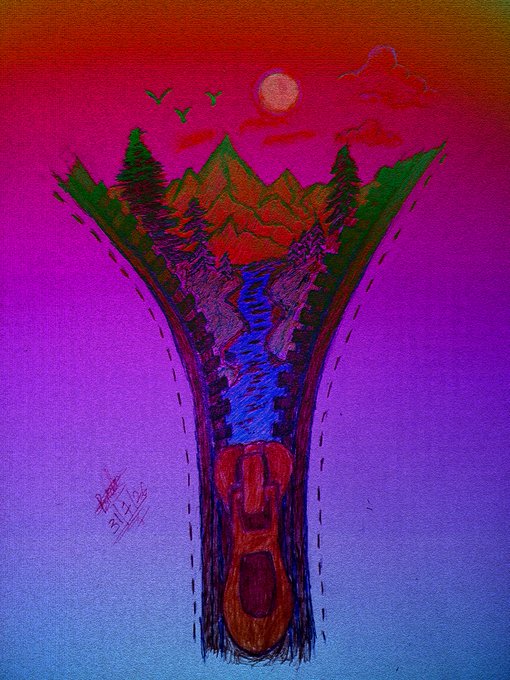 A colorful hand-drawn illustration featuring a mountain landscape with trees, a river, and birds contained within a V-shaped frame that transitions into a small house or figure, set against a purple and orange gradient sky.