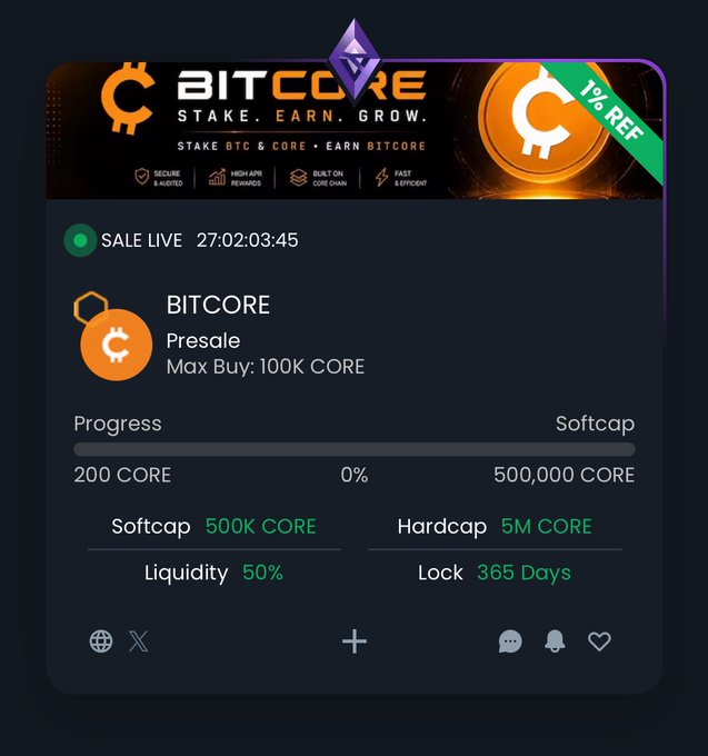 A 'BITCORE' crypto presale listing displays 'STAKE. EARN. GROW.', '1% REF', a softcap of '500K CORE', and a hardcap of '5M CORE'.
