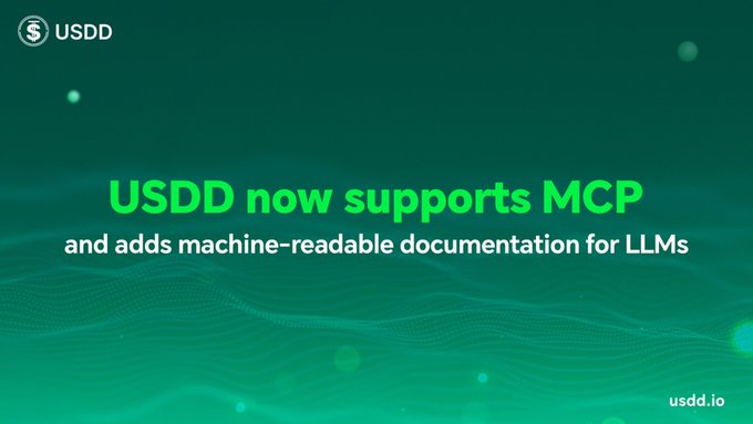 The image features a green background with white text that reads "USDD now supports MCP and adds machine-readable documentation for LMS". The text is centered, making it easy to read and understand. The image also includes a wave pattern or design in shades of green and blue, which complements the overall color scheme of the post.