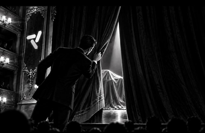 A black-and-white image of a man in a suit peeking through a stage curtain, revealing a covered object on stage to an audience.