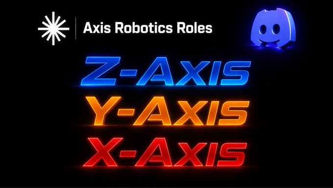 A Discord-style graphic titled 'Axis Robotics Roles' displaying 'Z-Axis' in blue, 'Y-Axis' in orange, and 'X-Axis' in red neon-style text against a black background.