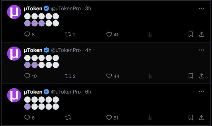 Screenshot of three tweets from verified account @uTokenPro posted 3h, 4h, and 6h ago, each containing only emoji patterns of purple and white circles with low engagement metrics.