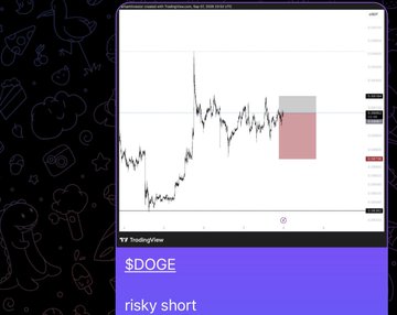A TradingView chart shows a $DOGE “risky short” trade with a red target zone, illustrating the TP1 short entry referenced in the post.