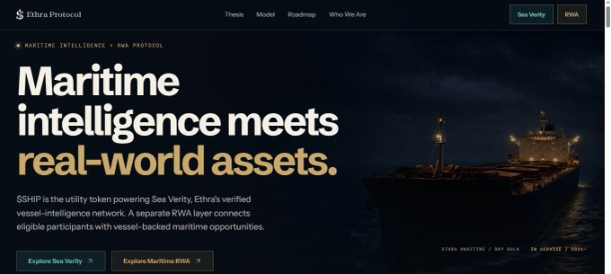 A website homepage for Elthra Protocol with navigation including Thesis, Model, Roadmap, and Who We Are, featuring the headline 'Maritime intelligence meets real-world assets' and text about $SHIP being the utility token powering Sea Verity and an RWA layer connecting eligible participants to maritime opportunities, with an image of a cargo ship at night.