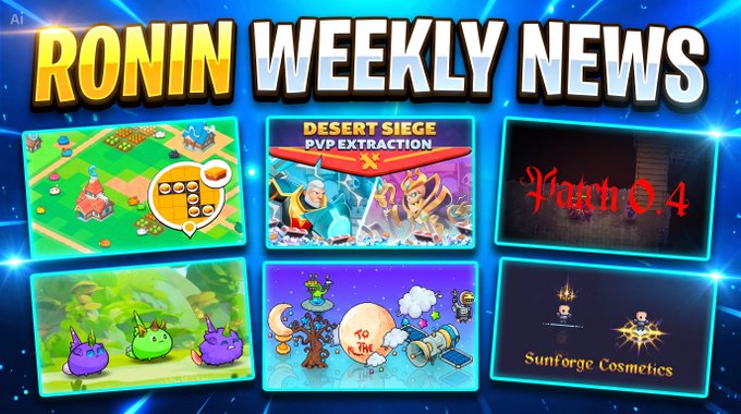 A promotional banner titled 'RONIN WEEKLY NEWS' showcasing various game updates and features including 'DESERT SIEGE PVP EXTRACTION', 'Patch 0.4', green creatures, and 'Sunforge Cosmetics'.