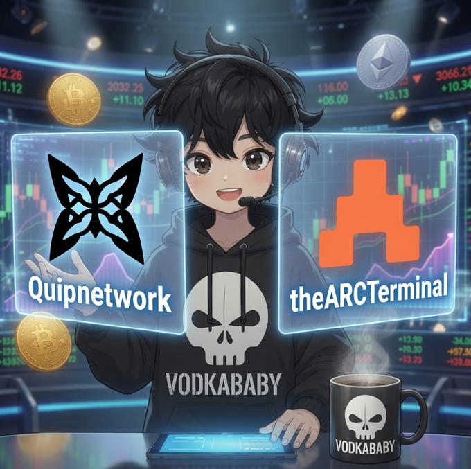 An anime-style avatar labeled "VODKABABY" wearing a headset stands between two holographic displays featuring the Quipnetwork butterfly logo and "theARCTerminal" orange icon, with a matching branded skull mug on the desk—all surrounded by floating Bitcoin and Ethereum coins and stock tickers. The image visually reinforces the post's theme of Web3 accessibility by showcasing the avatar as a guide connecting users to the Quipnetwork and TheARCTerminal platforms.