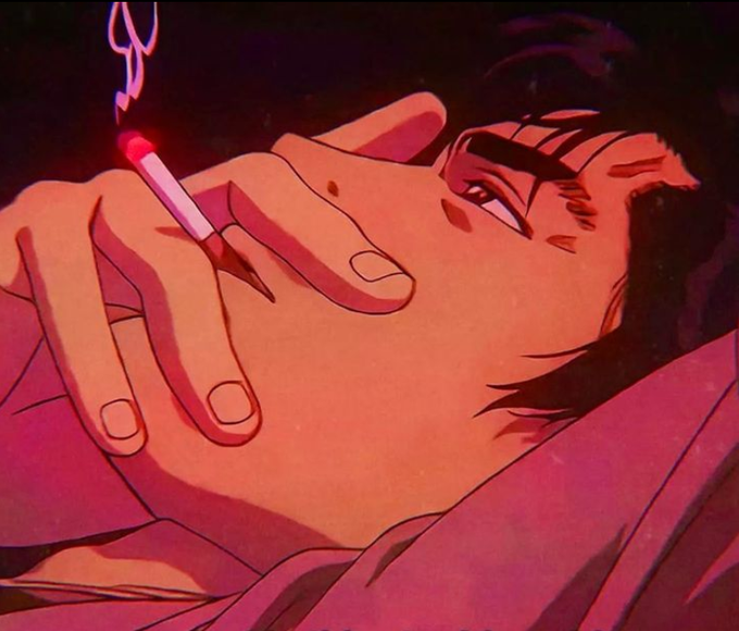 A stylized red-toned anime illustration of a person lying down and smoking a lit cigarette, with smoke curling upward.