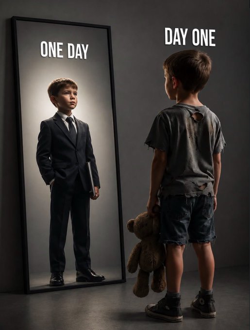 An image labeled 'ONE DAY' and 'DAY ONE' showing a boy in a suit in a mirror and the same boy in torn clothes facing away from the mirror.