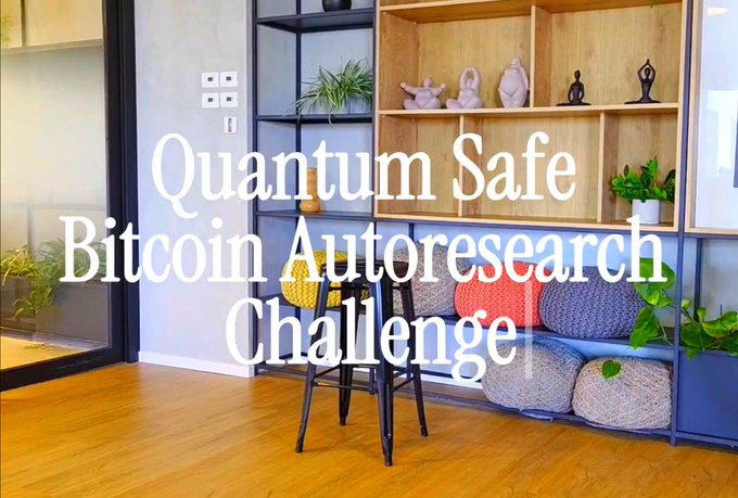 An interior shot of a room with wooden floors and shelving displays the text 'Quantum Safe Bitcoin Autoresearch Challenge' in large white letters.