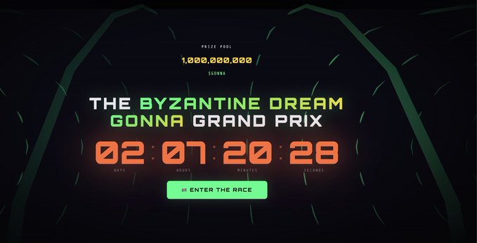 A promotional graphic for "The Byzantine Dream GONNA Grand Prix" displays a 1,000,000,000 $GONNA prize pool with a countdown timer showing 2 days, 7 hours, 20 minutes, and 28 seconds remaining, alongside an "ENTER THE RACE" button on a dark green background. The design directly complements the post's message highlighting Algorand's blockchain capabilities for the race.