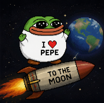 A Pepe the Frog character wearing an "I ❤️ PEPE" shirt rides a rocket labeled "TO THE MOON" through space past Earth, visually capturing the post's $ILOVEPEPE token hype of the meme coin blasting off to the moon.