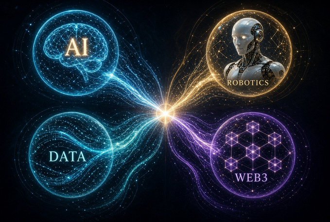 Digital artwork showing four interconnected circular nodes representing AI (brain icon), ROBOTICS (humanoid figure), DATA, and WEB3 (geometric shapes) against a cosmic background.