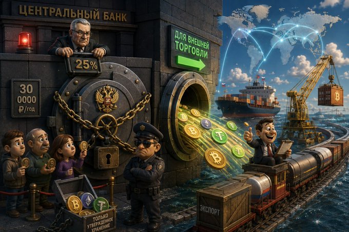 A massive vault labeled "ЦЕНТРАЛЬНЫЙ БАНК" (Central Bank) with a guard bearing a "25%" sign releases a stream of cryptocurrency coins through a door marked "ДЛЯ ВНЕШНЕЙ ТОРГОВЛИ" (For Foreign Trade), where a smiling businessman directs them onto a train labeled "ЭКСПОРТ" and a cargo ship. A sign reads "ТОЛЬКО УПОЛНОМОЧЕННОЕ ХРАНЕНИЕ" (Only Authorized Custody) and another shows "30 000 ₽/год" (30,000 rubles/year), illustrating the new compliance rules capping qualified crypto holdings at 25% in net assets for brokers and Forex traders.