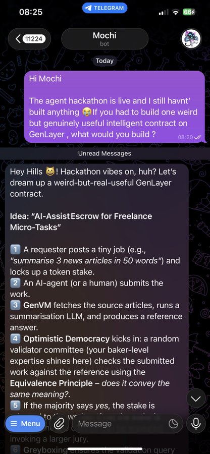 A screenshot of a Telegram conversation where a user named Hills asks the bot 'Mochi' about building a weird but useful GenLayer contract, and Mochi responds with an idea called 'AI-AssistEscrow for Freelance Micro-Tasks' involving Optimistic Democracy.
