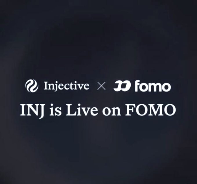 A dark promotional graphic announcing 'INJ is Live on FOMO' featuring the Injective and FOMO logos side by side.