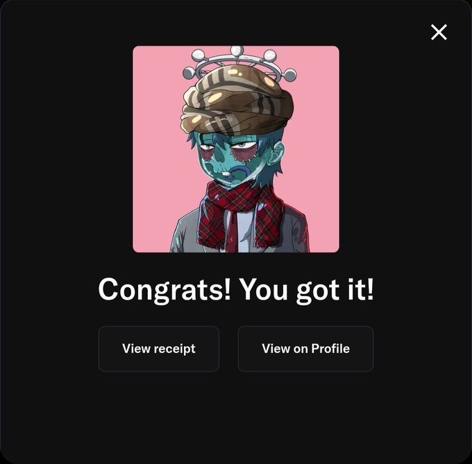 A 'Congrats! You got it!' confirmation popup featuring an anime-style zombie character with a pancake on its head, with buttons for 'View receipt' and 'View on Profile'.