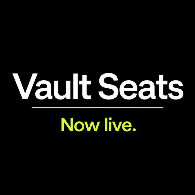A promotional graphic on a black background displays the text "Vault Seats" in large white letters with "Now live." in bright green underneath.