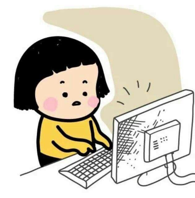 A cartoon illustration of a young girl with a black bob haircut sitting at a desktop computer, looking at the screen as the monitor cracks and shatters.