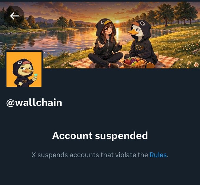 The image shows a social media post about an account being suspended by Wallchain. The post includes text that reads "Account suspended" and "X suspends accounts that violate the rules". There are also two cartoon penguins sitting next to each other on a blanket, which is part of the background in the image.