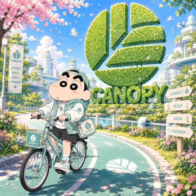 Stylized promotional artwork featuring Crayon Shin-chan riding a bicycle with a Canopy bag in a green eco-themed city, with a large leaf-shaped 'CANOPY' logo and signs reading 'CONNECT BUILD GROW EMPOWER'.
