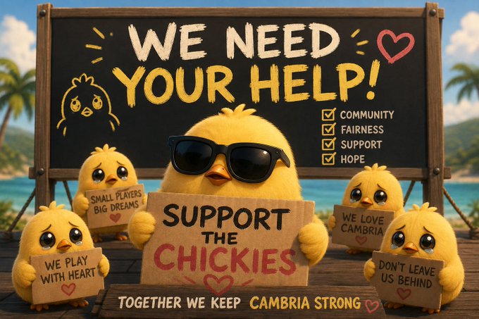 An animated illustration shows yellow chicks holding signs including 'SUPPORT THE CHICKIES', 'WE NEED YOUR HELP!', 'DON'T LEAVE US UP BE', 'WE PLAY WITH HEART', 'WE LOVE CAMBRIA', and 'SMALL PLAYERS BIG DREAMS', with the banner 'TOGETHER WE KEEP CAMBRIA STRONG'.