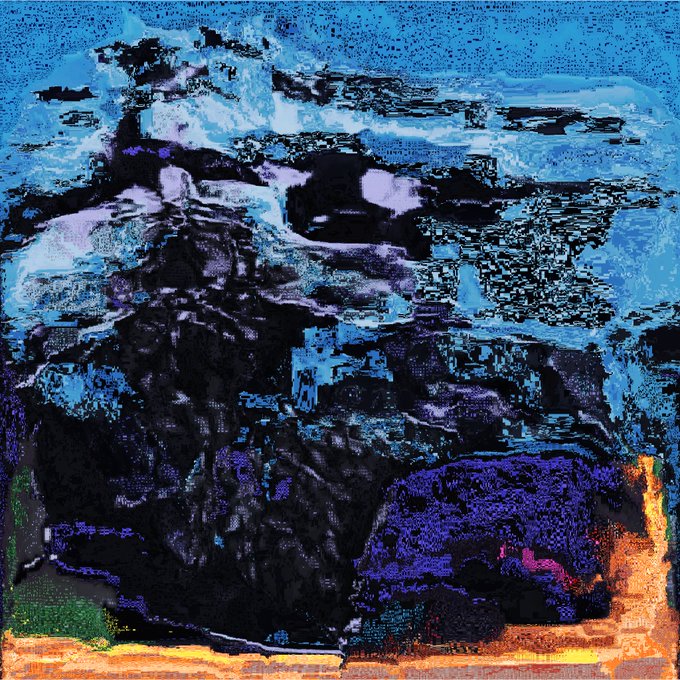 An abstract, glitchy digital artwork or painting featuring dark purple and black mountain-like shapes against a bright blue textured sky, with an orange border at the bottom.