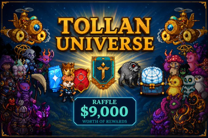Promotional banner for 'TOLLAN UNIVERSE' featuring pixel art characters, treasure chests, and creatures, advertising a raffle worth $9,000 in rewards.