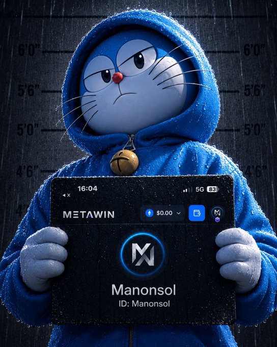 A hooded Doraemon character holding a tablet displaying the "METAWIN" app with the username "Manonsol" (ID: Manonsol) and a $0.00 balance stands against a police lineup height chart backdrop. The image humorously "confesses" to sending $250, framing the recipient as a criminal suspect caught in the act of receiving funds, with the tablet's zero balance implying the money has already been spent or transferred elsewhere.
