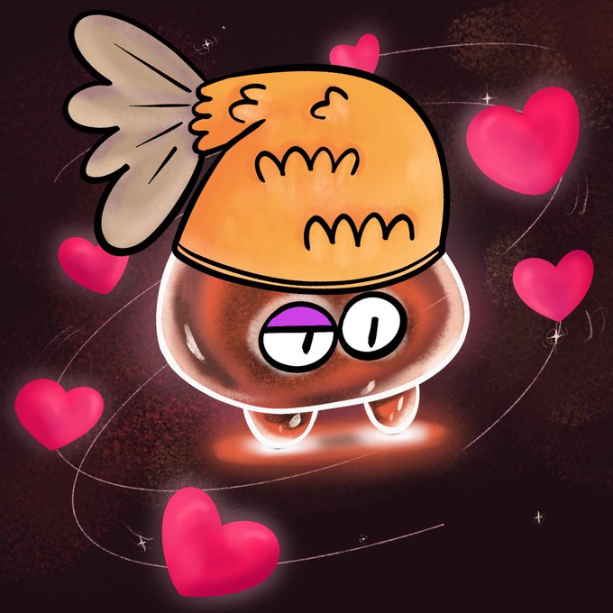 A cartoon illustration of a cute, round creature with a brown, dome-like head featuring small wings, a smiling face with closed eyes, and googly eyes on its body, surrounded by floating pink hearts against a dark background.