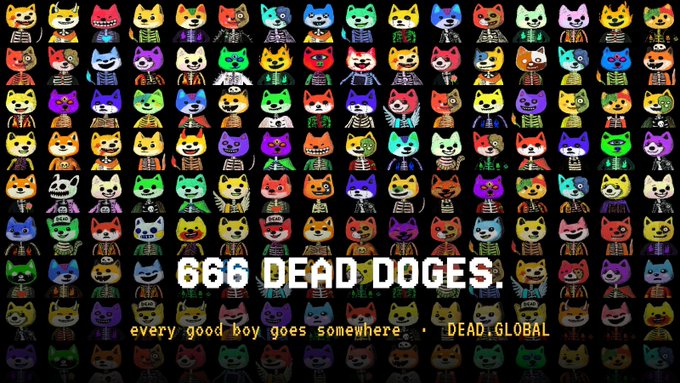 A dark background displays a grid of colorful pixel-art dog icons with the text '666 DEAD DOGES. every good boy goes somewhere. DEAD.GLOBAL'.