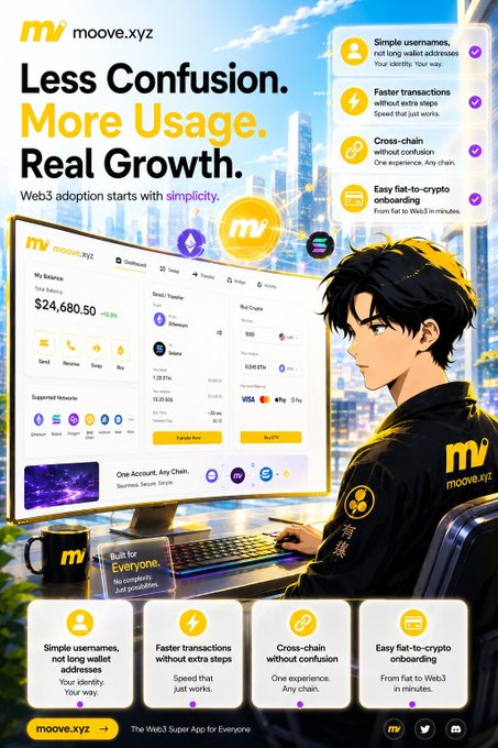 An advertisement for moove.xyz, a Web3 super app, featuring the tagline 'Less Confusion. More Usage. Real Growth.' with features like simple usernames and cross-chain transactions.