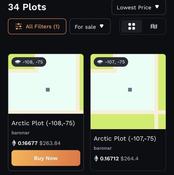 The image shows a marketplace listing for "Arctic Plots" in the Axie Infinity game on the Ronin Network, displaying 34 plots sorted by lowest price, with two specific plots visible: one at coordinates (-108,-75) priced at $263.84 (0.16677 ETH) and another at (-107,-75) priced at $264.4 (0.16712 ETH).

The image relates to the post by illustrating the current state of virtual land prices in Axie Infinity, supporting the claim that land values have declined rather than experiencing the same demand boost that collectible Axies have seen after Terrariums.