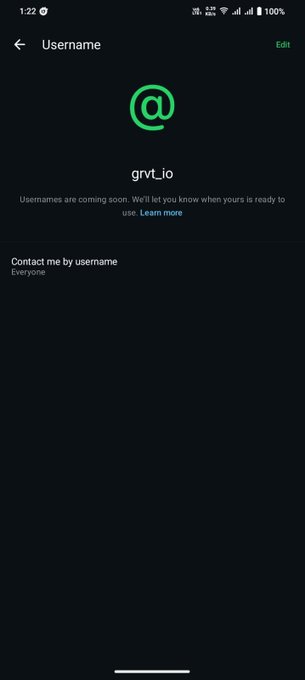 A mobile app screen displays a username setting for 'grvt_io' with text noting 'Usernames are coming soon.'