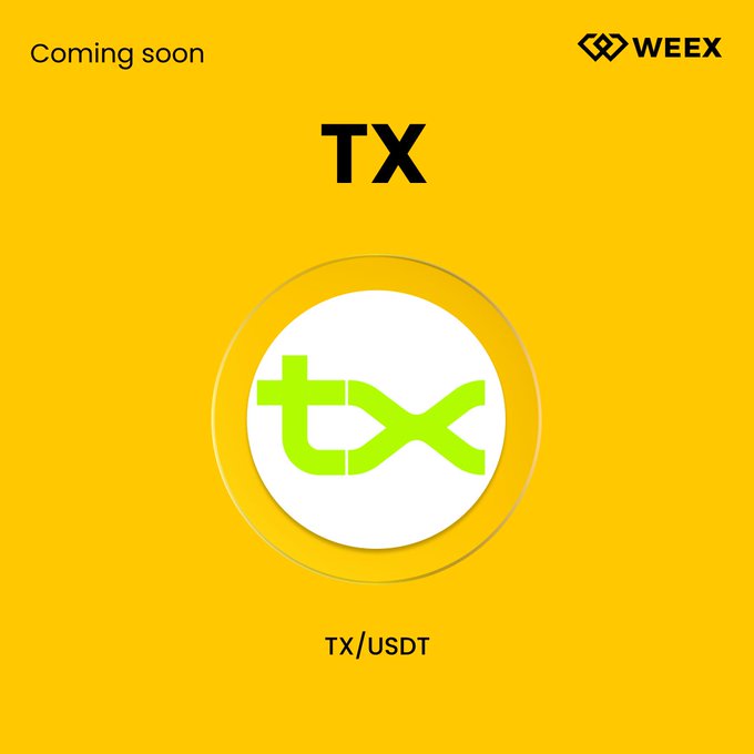 The image features a yellow background with a white circle containing the word "TX" written in green letters, along with a black border. Below this, there's text that reads "New Listing Alert on #WEEX We're excited to announce the PreListing of $TX @ txEcosystem on WEEX!: weex.com/help/articles/". The image is related to the post because it displays information about a new listing for a cryptocurrency called "TX" or "bitcoin", which is being promoted by the website "WEEX!".