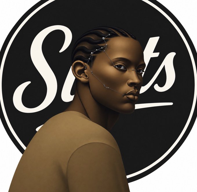 Artistic illustration of a person with braided hair featuring constellation-like jewelry on the face, wearing a tan top, set against a black circular background with white cursive text.