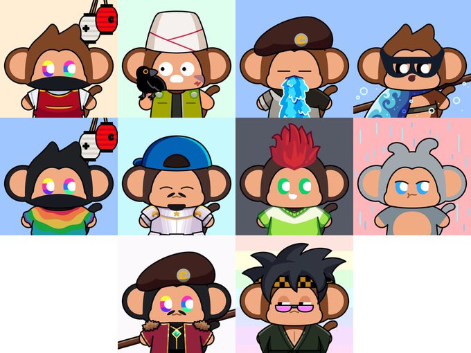A grid of cartoon monkey NFT avatars in various costumes and styles, including a ninja, a pirate, a soldier, and a superhero.