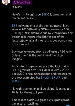 The image shows a Substack subscriber post by "Hi Subs" praising $SBE (Sally Beauty) for delivering a strong Q2 with 91% EPS beat, 28% revenue growth, 109% EBIT beat, and trading below 1x PEG, expressing love for the company and viewing the recent crash as a buying opportunity. The accompanying post about $IREN's rapid recovery after profit-taking complements this bullish sentiment by highlighting how quickly stocks can rebound from crashes—reinforcing the post's theme of viewing market dips as opportunities rather than reasons to panic.