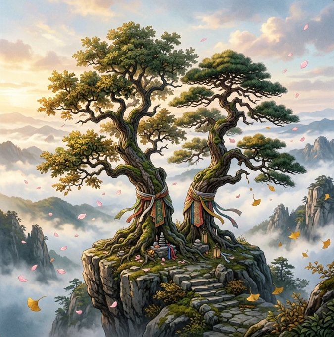 A fantasy illustration of two ancient intertwined trees with decorative ribbons standing on a stone platform in the clouds.
