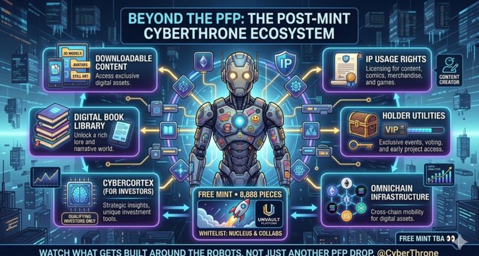A futuristic infographic titled 'BEYOND THE PFP: THE POST-MINT CYBERTHRONE ECOSYSTEM' showing a central cyborg surrounded by features like Digital Book Library, IP Usage Rights, Holder Utilities, Cybercortex, and Omnichain Infrastructure, with 'FREE MINT TBA' and '@CyberThrone' noted.