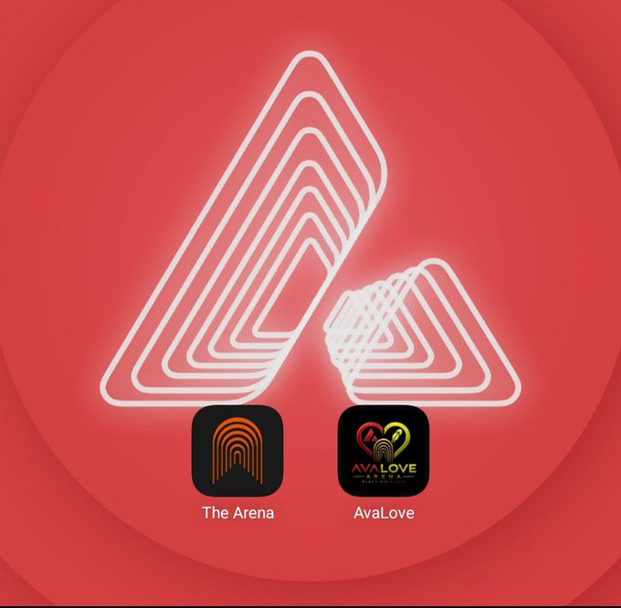 A red gradient background displays a stylized white neon "A" logo with two app icons below it: "The Arena" (featuring an orange archway design) and "AvaLove" (showing a heart with the AVAX logo). The image serves as a phone wallpaper promoting the $ARENA and $AVLO tokens built on the Avalanche ($AVAX) blockchain.