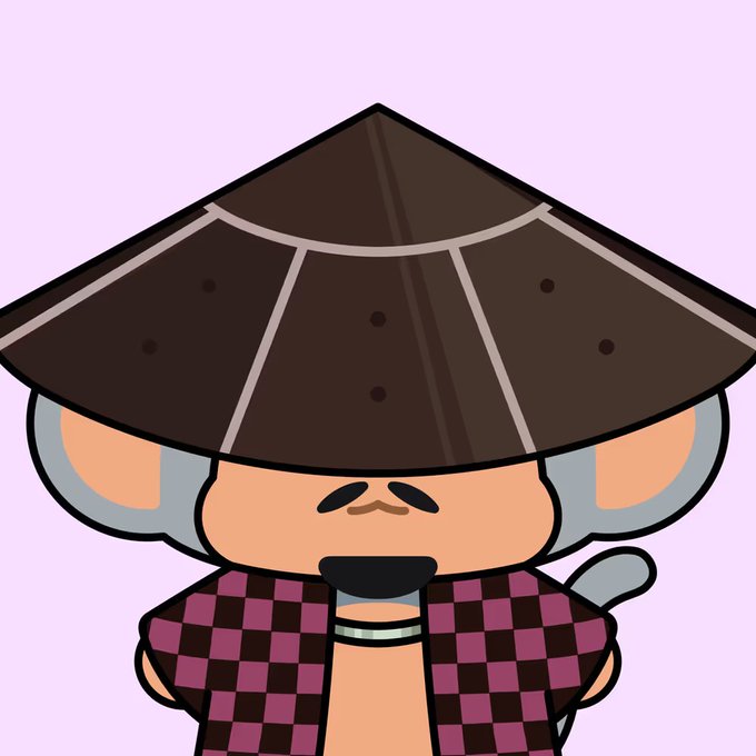 A cartoon illustration of a koala-like character wearing a wide brown Asian conical hat and a purple checkered jacket on a lavender background.